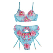 954116 BH + Slip mit Strapsen Blumenmuster blau l/xl