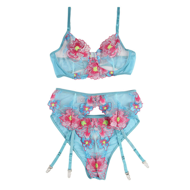 954116 BH + Slip mit Strapsen Blumenmuster blau l/xl