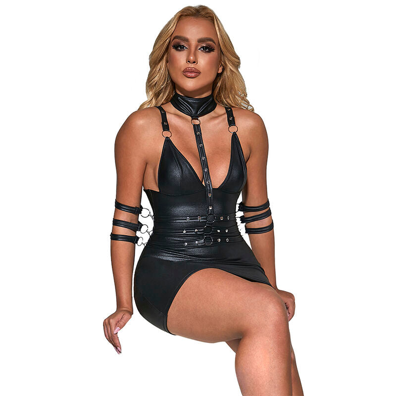 954406 schwarzes Bondagekleid aus Leder s/m