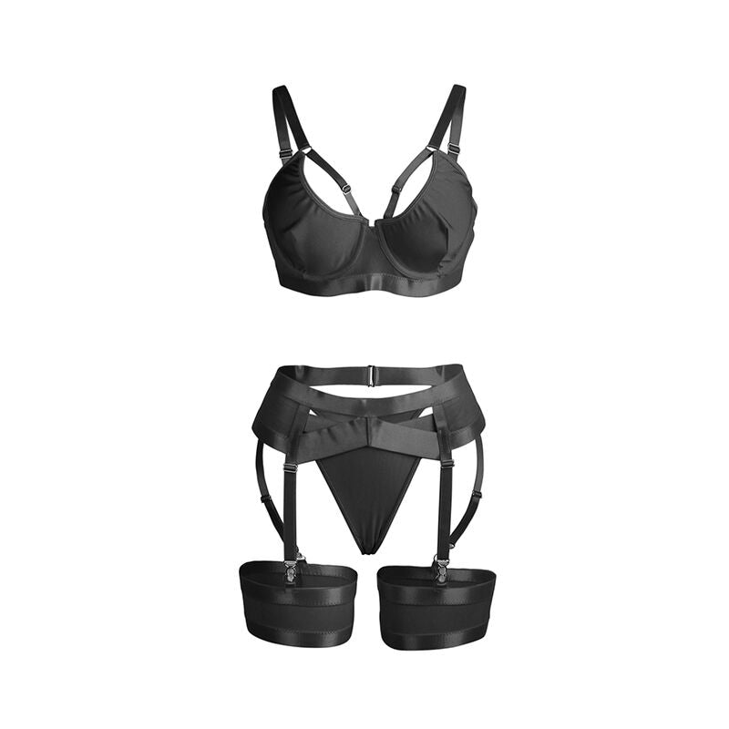 955243 schwarzes Bondage-BH-Set mit Strumpfband L/XL
