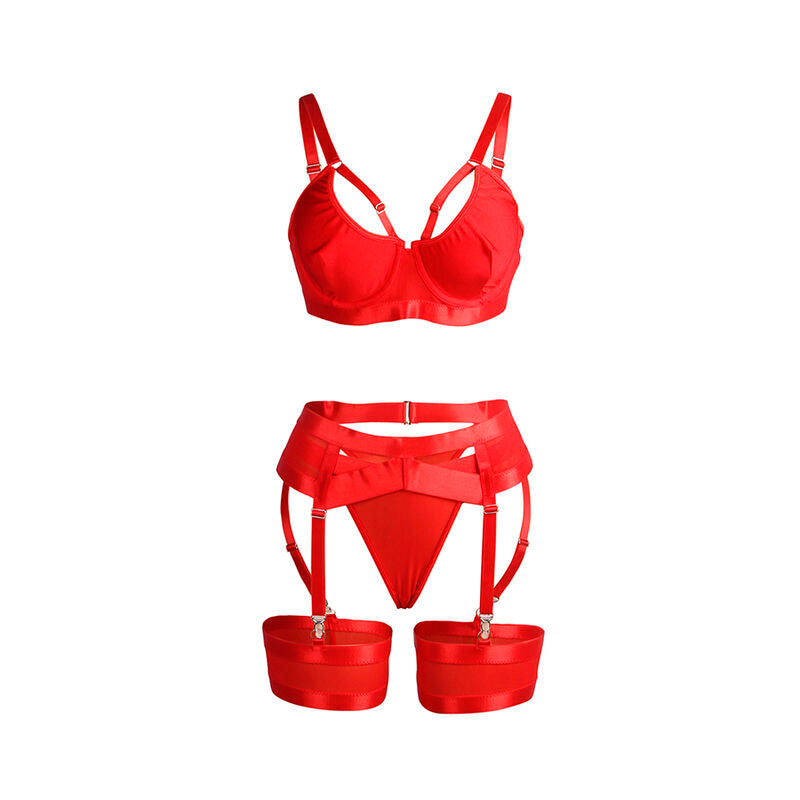 955267 rotes Bondage-BH-Set mit Strumpfband L/XL