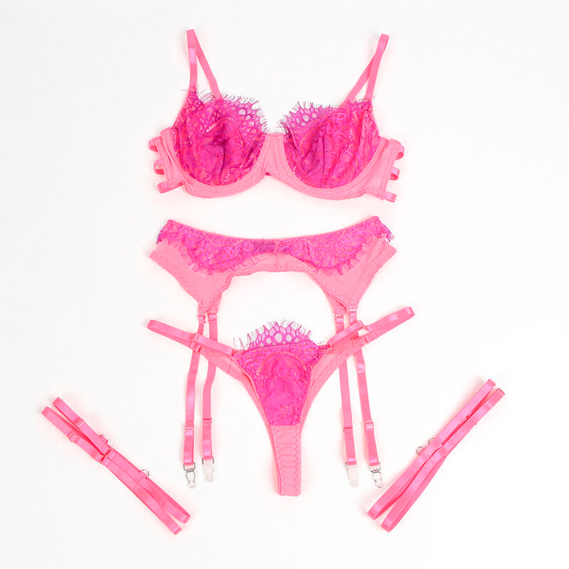 955366 BH-Set mit Spitzenlinien und Strumpfbändern rosa und lila l/xl