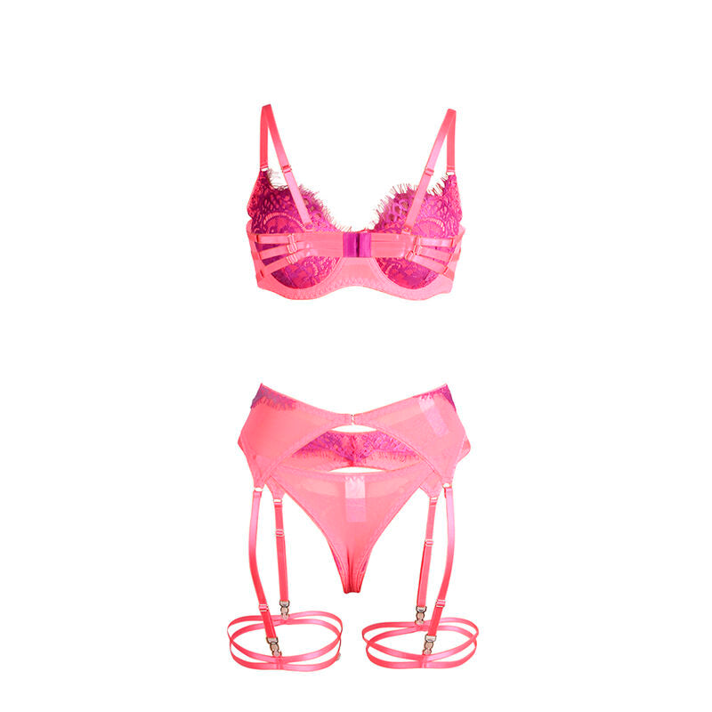 955366 BH-Set mit Spitzenlinien und Strumpfbändern rosa und lila l/xl