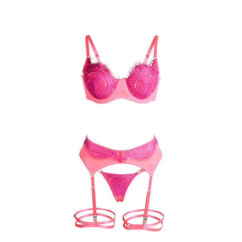 955366 BH-Set mit Spitzenlinien und Strumpfbändern rosa und lila l/xl
