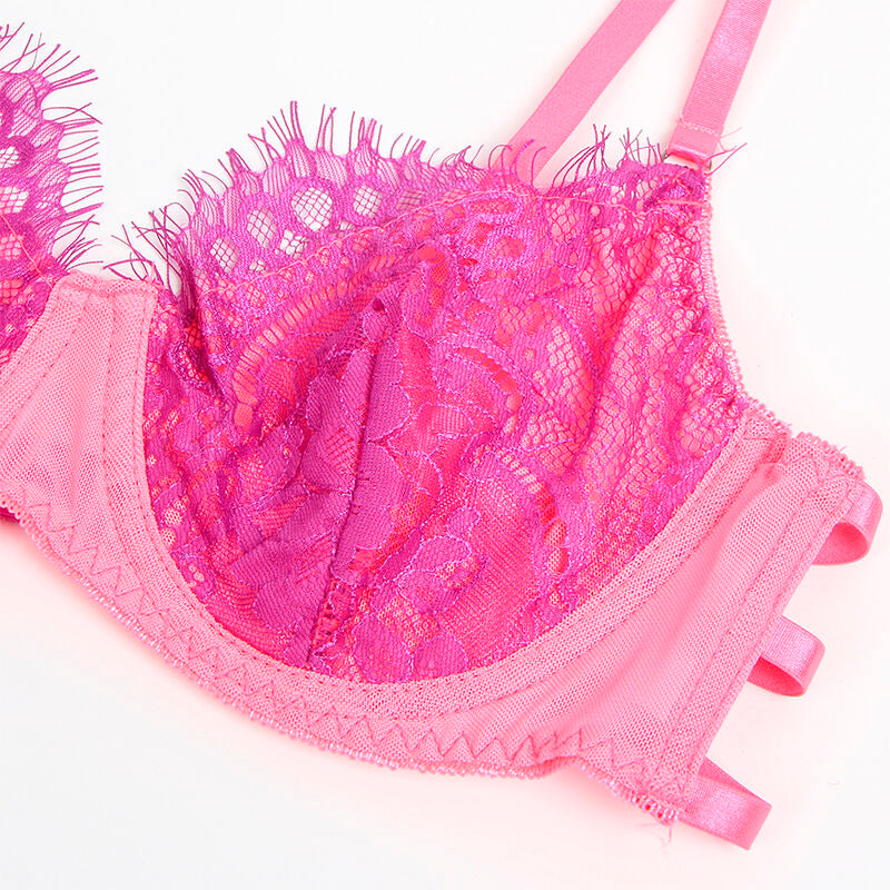 955366 BH-Set mit Spitzenlinien und Strumpfbändern rosa und lila l/xl
