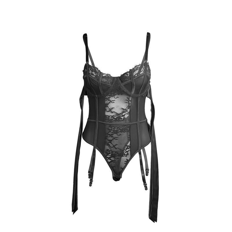 955502 Spitzenbody mit Schleifen und Strapsen schwarz l/xl