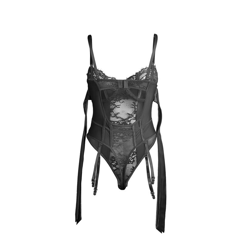 955502 Spitzenbody mit Schleifen und Strapsen schwarz l/xl
