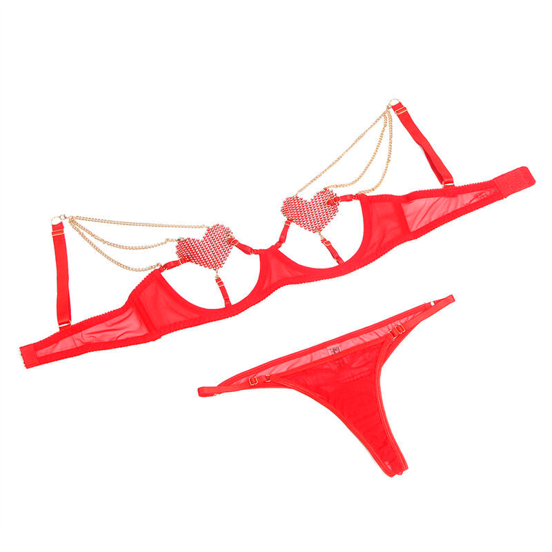 955526 rotes Netz-BH-Set mit Herzkette, L/XL