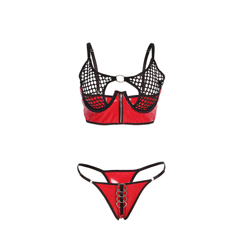 955540 rotes Lackleder-Reißverschluss-BH-Set L/XL