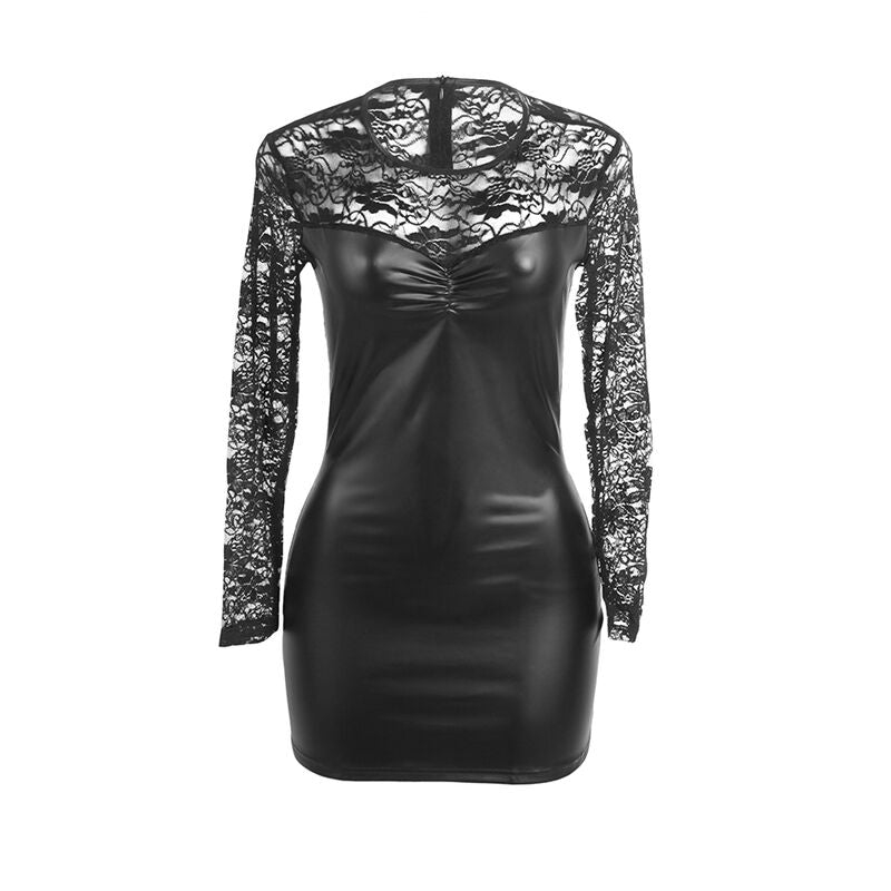 955595 Langarmkleid mit schwarzer Spitze s/m