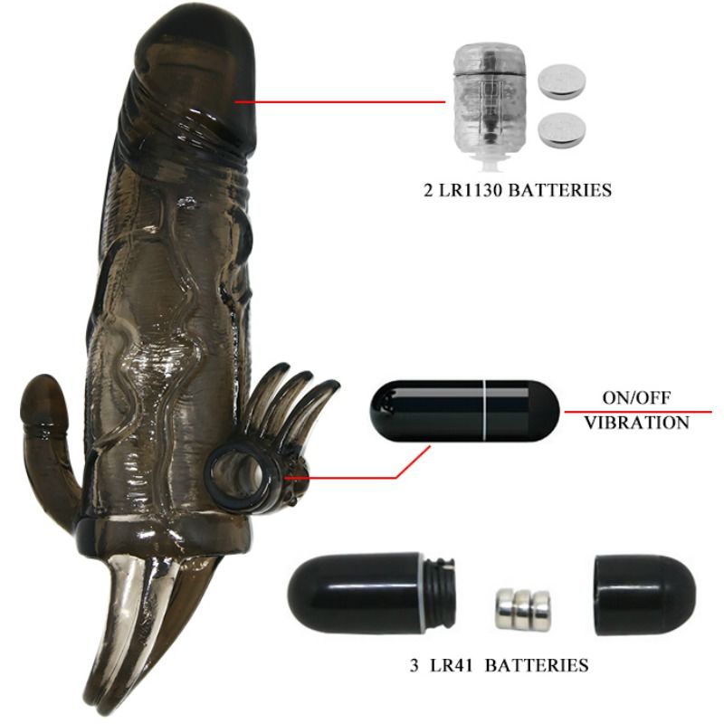 Brave Man Penishülle mit Klitoris- und Analstimulation Double Bullet Schwarz 16,5 cm