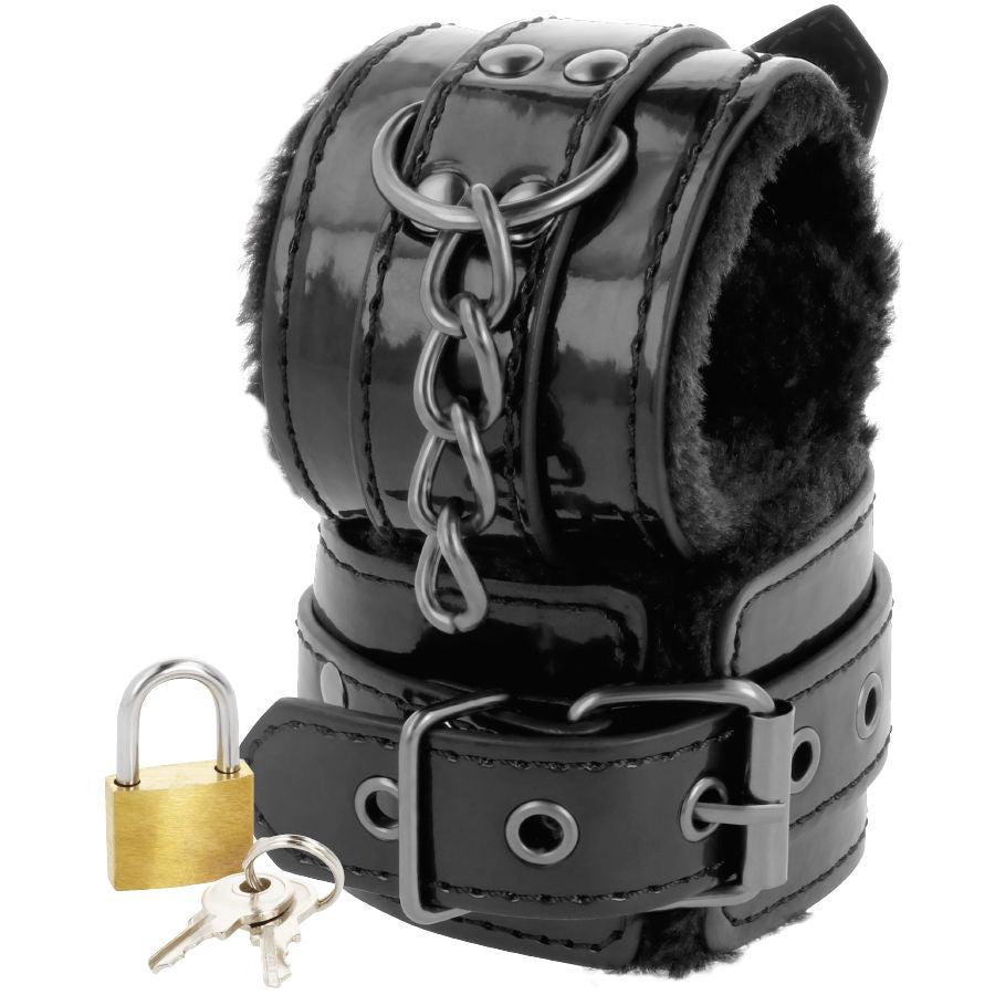 Verstellbare schwarze Lederhandschellen mit Vorhängeschloss