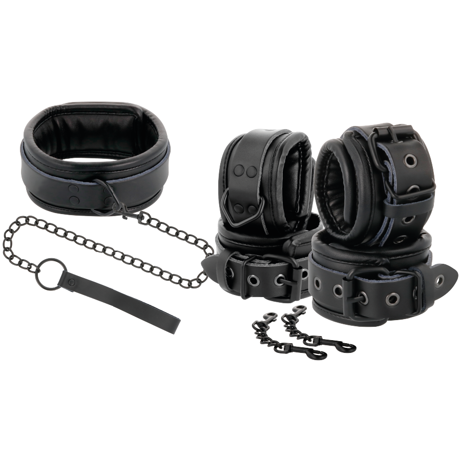Schwarze Handschellen und Halsband aus Leder