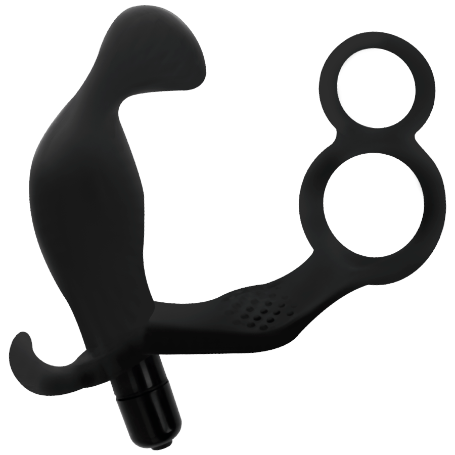 Analplug mit Doppelpenis und Hodenring schwarz