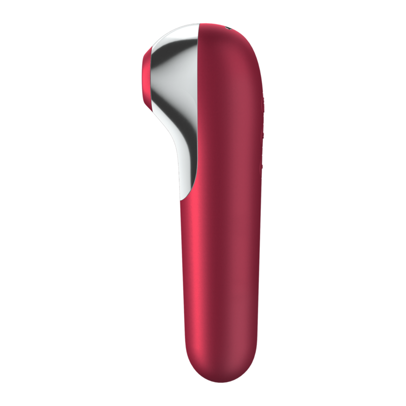 Doppelter Liebesvibrator und Saugnapf mit roter gepulster Luft